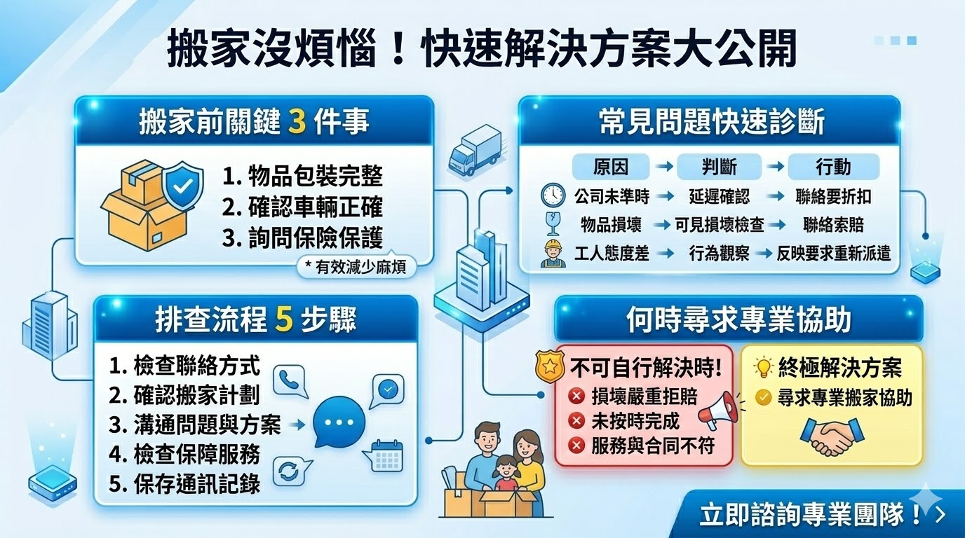 如果您正在尋找可靠的「新莊搬家公司」，並面對搬家過程中的各種挑戰，這篇文章將幫助您了解常見問題的排查步驟、原因分類和解決方案。我們提供具體的搬家問題排查流程，幫助您快速診斷和解決搬家中的困難，並指引您在必要時尋求專業搬家公司協助。無論是搬家公司未按時到達，還是物品損壞等問題，這篇指南都能為您提供有效的解決方案。