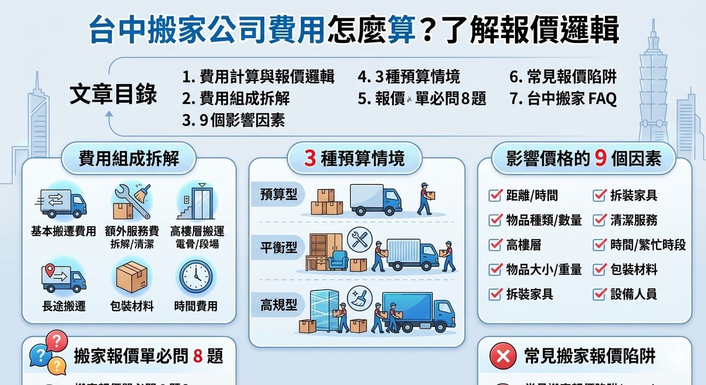 在台中搬家時，了解搬家公司報價的組成是避免額外費用的關鍵。台中搬家公司提供的服務價格會因搬遷距離、物品種類及額外服務需求而有所不同。本文將為您拆解搬家費用的各項組成，並介紹如何選擇適合的搬家方案，避免常見的報價陷阱。了解如何比較台中搬家服務，讓您的搬遷過程更加順利和省心。