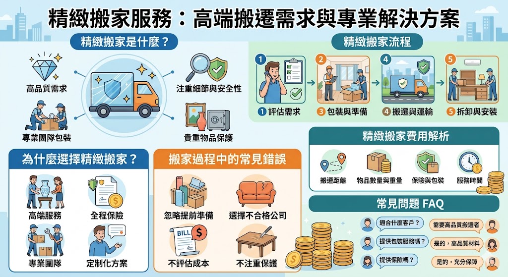 精緻搬家專為有高品質需求的家庭與企業設計，提供專業的搬遷服務，特別注重貴重物品與易碎物品的搬運。無論是家具、大型家電還是藝術品，精緻搬家公司都能提供專業的包裝與保護措施，確保物品在搬運過程中不受損害。選擇精緻搬家，您將享受無憂搬遷，並獲得專業搬家團隊的全程保障，確保搬遷過程順利且高效。