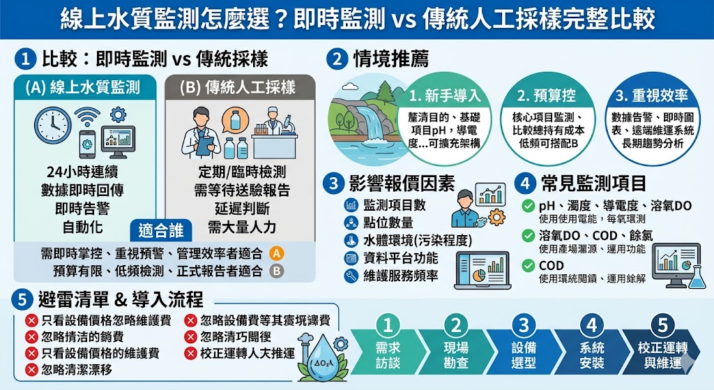 選擇水質監測方案時，必須權衡數據的時效性與基礎設備的投入成本。傳統人工採樣仰賴人力定期前往現場取樣並送往實驗室分析，雖然單次檢測精確度高且涵蓋項目廣，但存在數據滯後、無法即時捕捉異常排放或突發污染的缺點。相對而言，線上水質監測系統透過感測器與物聯網技術，能提供 $ 小時不間斷的即時數據流，讓管理單位在水質數值超出預警值時立即採取行動，特別適合廢水處理廠、養殖業或飲用水源監控。報價與評估邏輯通常涉及感測器的校正頻率、藥劑耗材成本以及數據雲端平台的維護費用。對於需要符合法規連續自動監測（CWMS）的企業，建置線上系統是必然選擇；而對於僅需不定期合規紀錄的小型單位，傳統採樣則較具經濟彈性。理解兩者在數據代表性與維護負擔上的差異，將有助於建立最符合廠區規模與環保法規的水質管理策略。